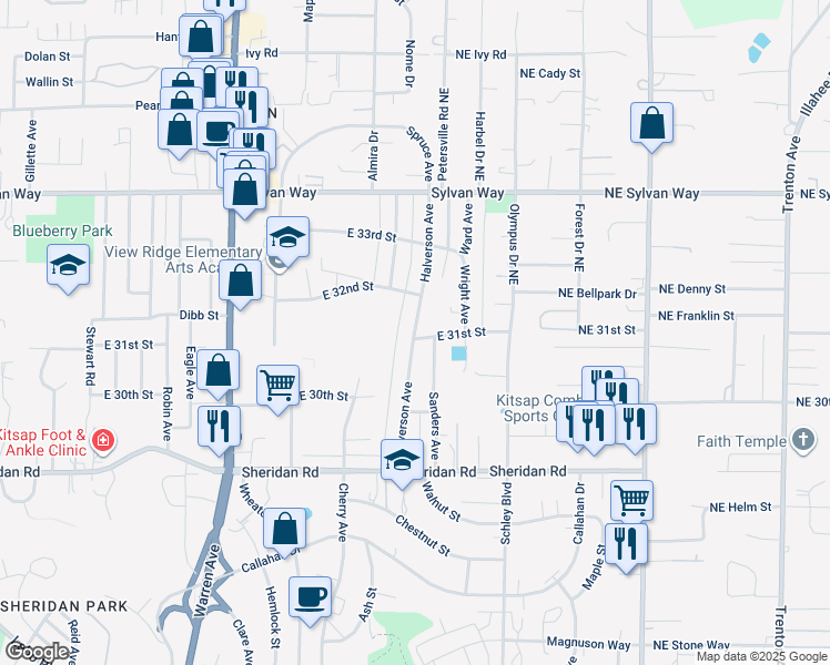map of restaurants, bars, coffee shops, grocery stores, and more near 3202 Halverson Avenue in Bremerton
