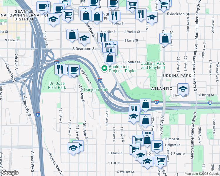 map of restaurants, bars, coffee shops, grocery stores, and more near 1800 South Bush Place in Seattle
