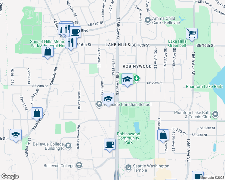 map of restaurants, bars, coffee shops, grocery stores, and more near 14628 SE 21st St in Bellevue