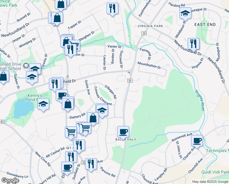 map of restaurants, bars, coffee shops, grocery stores, and more near 4 O'Regan Place in St. John's