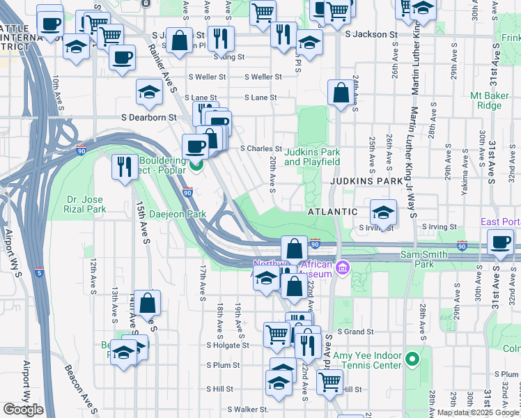 map of restaurants, bars, coffee shops, grocery stores, and more near 1126 Hiawatha Place South in Seattle