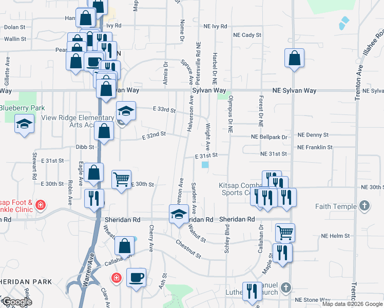 map of restaurants, bars, coffee shops, grocery stores, and more near 3202 Halverson Avenue in Bremerton