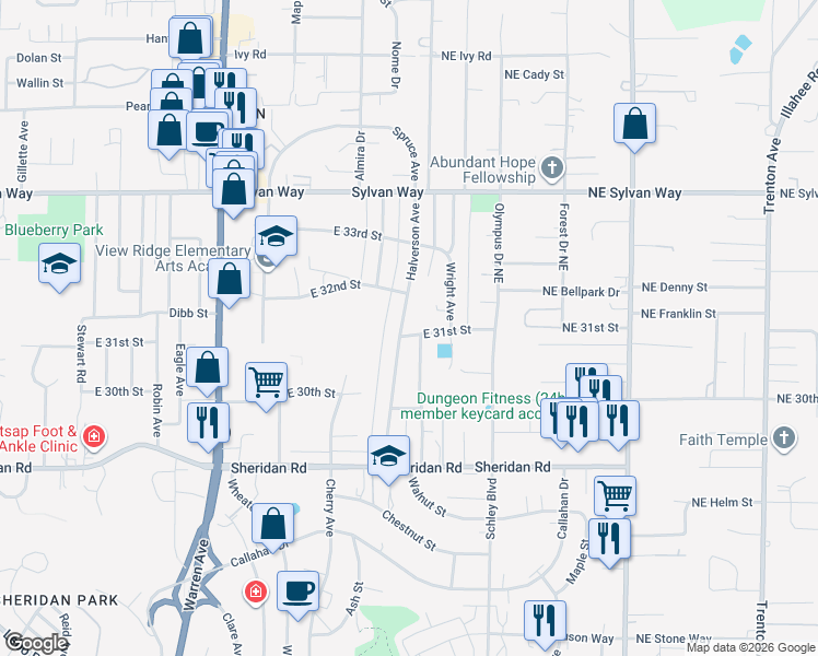 map of restaurants, bars, coffee shops, grocery stores, and more near 3202 Halverson Avenue in Bremerton