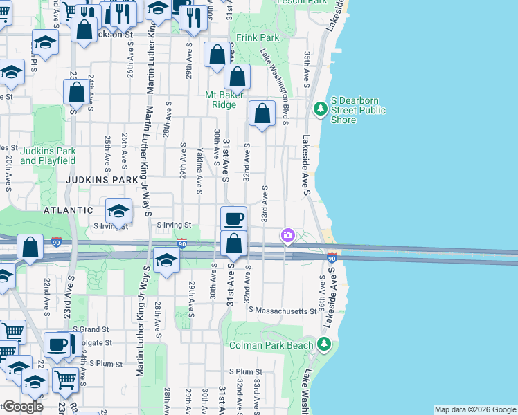 map of restaurants, bars, coffee shops, grocery stores, and more near 1303 33rd Avenue South in Seattle