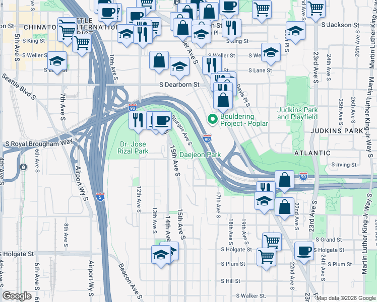 map of restaurants, bars, coffee shops, grocery stores, and more near 1137 Sturgus Avenue South in Seattle