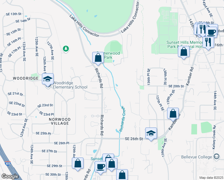 map of restaurants, bars, coffee shops, grocery stores, and more near 2090 132nd Avenue Southeast in Bellevue