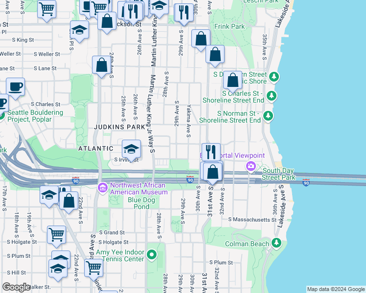 map of restaurants, bars, coffee shops, grocery stores, and more near 2911 South Judkins Street in Seattle