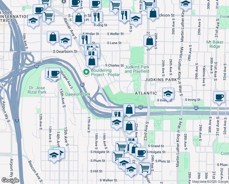 map of restaurants, bars, coffee shops, grocery stores, and more near 1126 Hiawatha Place South in Seattle