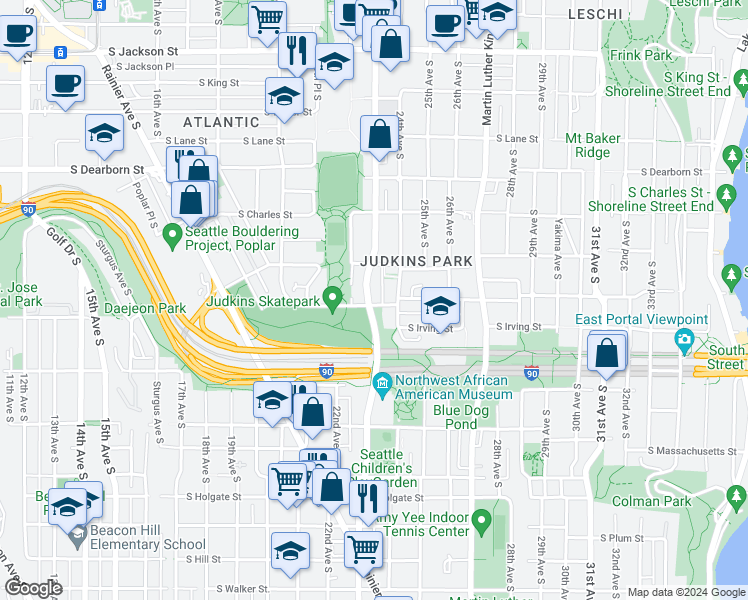 map of restaurants, bars, coffee shops, grocery stores, and more near 2300 South Judkins Street in Seattle