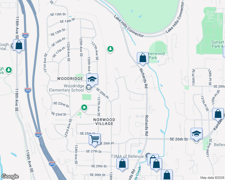 map of restaurants, bars, coffee shops, grocery stores, and more near 2023 129th Avenue Southeast in Bellevue