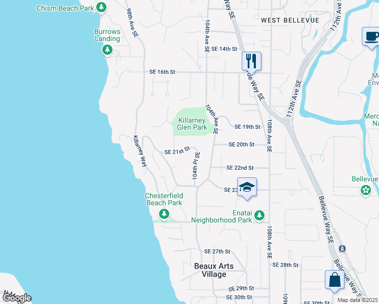 map of restaurants, bars, coffee shops, grocery stores, and more near 10233 Southeast 21st Street in Bellevue