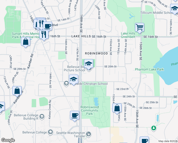 map of restaurants, bars, coffee shops, grocery stores, and more near 14844 Southeast 22nd Street in Bellevue
