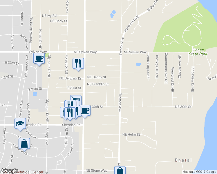 map of restaurants, bars, coffee shops, grocery stores, and more near 2517 Northeast Franklin Street in Bremerton
