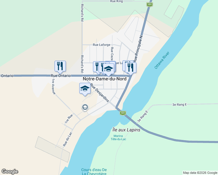 map of restaurants, bars, coffee shops, grocery stores, and more near 15 Rue Beauséjour in Notre-Dame-du-Nord