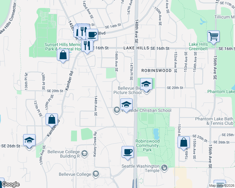 map of restaurants, bars, coffee shops, grocery stores, and more near 2011 146th Place Southeast in Bellevue