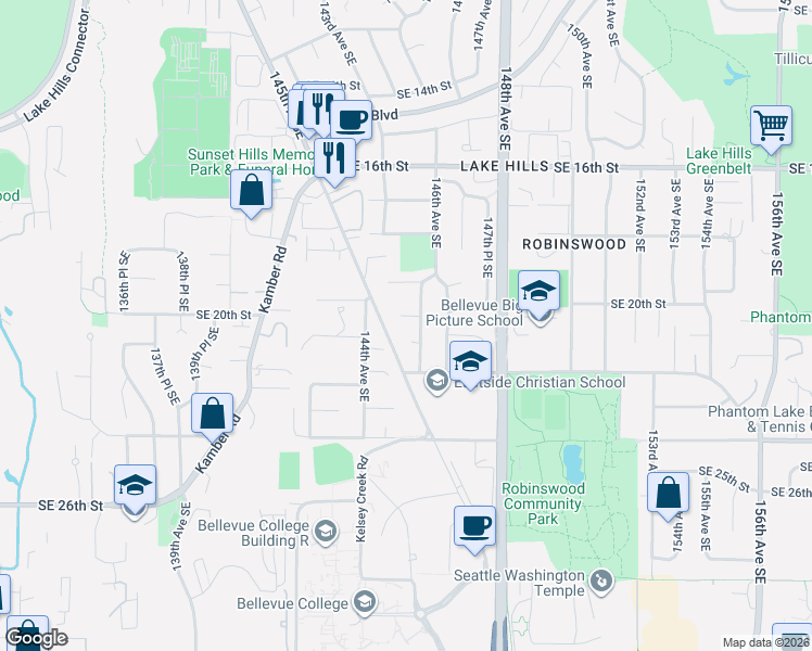 map of restaurants, bars, coffee shops, grocery stores, and more near 14521 Southeast 20th Place in Bellevue