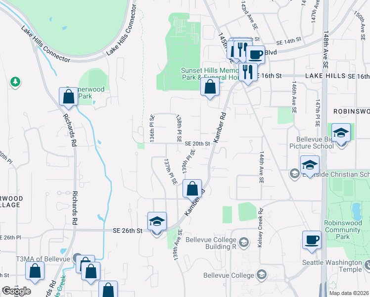 map of restaurants, bars, coffee shops, grocery stores, and more near 13747 Southeast 20th Street in Bellevue