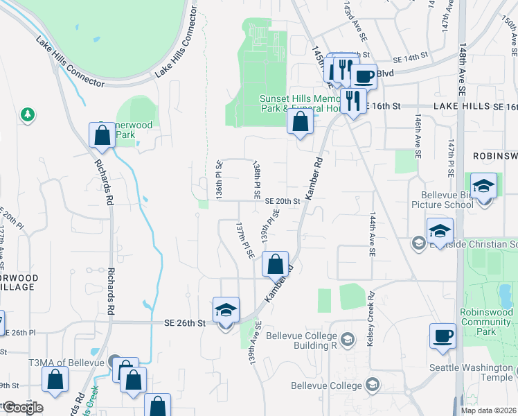 map of restaurants, bars, coffee shops, grocery stores, and more near 13743 Southeast 20th Street in Bellevue