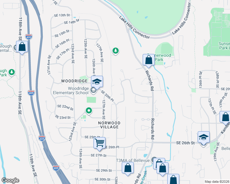 map of restaurants, bars, coffee shops, grocery stores, and more near 2023 129th Avenue Southeast in Bellevue