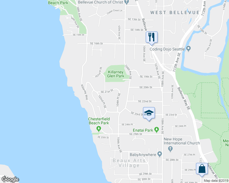 map of restaurants, bars, coffee shops, grocery stores, and more near 10233 Southeast 21st Street in Bellevue