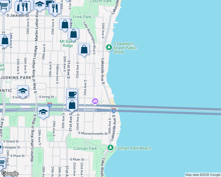 map of restaurants, bars, coffee shops, grocery stores, and more near 1310 Lakeside Avenue South in Seattle
