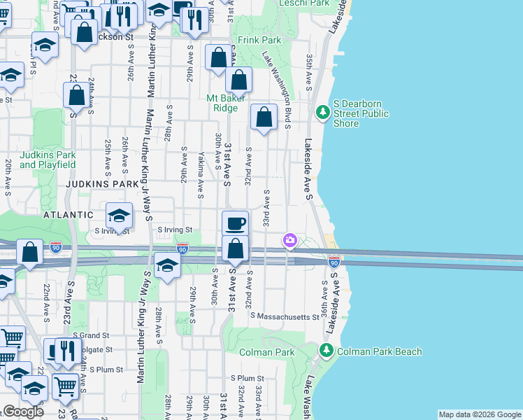 map of restaurants, bars, coffee shops, grocery stores, and more near 1303 33rd Avenue South in Seattle