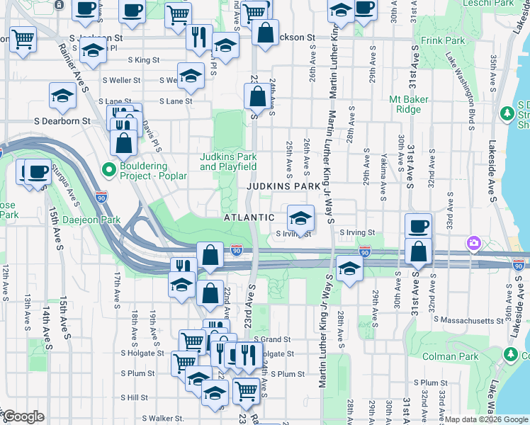 map of restaurants, bars, coffee shops, grocery stores, and more near 2401 South Judkins Street in Seattle