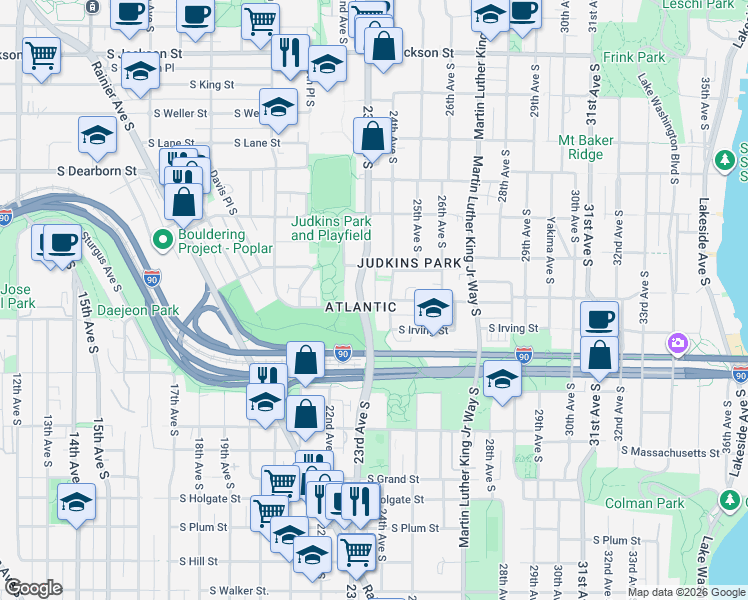 map of restaurants, bars, coffee shops, grocery stores, and more near 1130 23rd Avenue South in Seattle