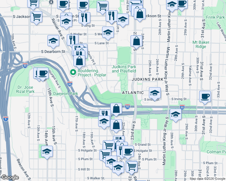 map of restaurants, bars, coffee shops, grocery stores, and more near 2014 South Judkins Street in Seattle