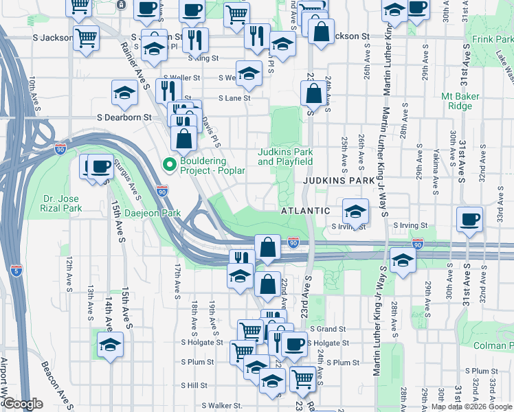 map of restaurants, bars, coffee shops, grocery stores, and more near 2014 South Judkins Street in Seattle