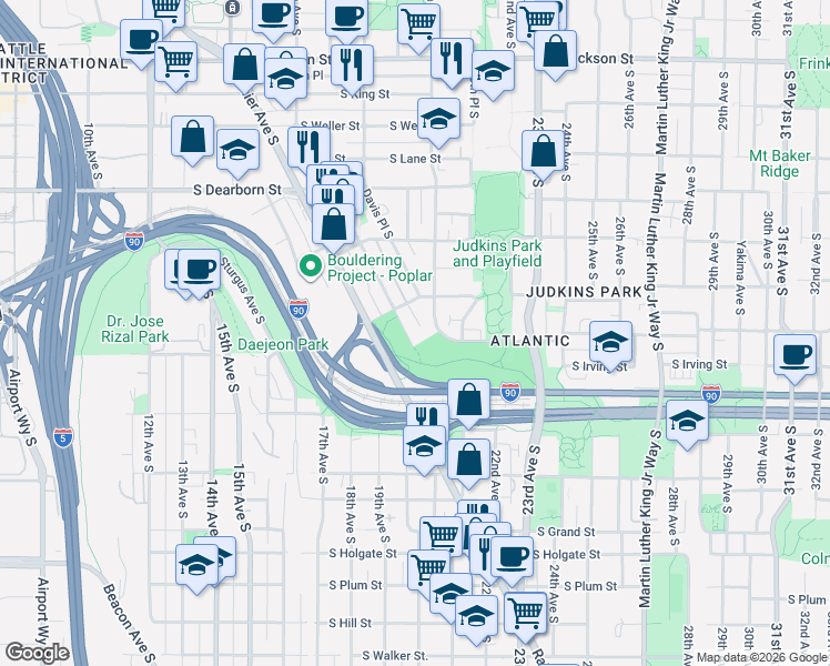 map of restaurants, bars, coffee shops, grocery stores, and more near 1126 Hiawatha Place South in Seattle