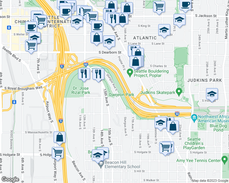 map of restaurants, bars, coffee shops, grocery stores, and more near 1137 Sturgus Avenue South in Seattle