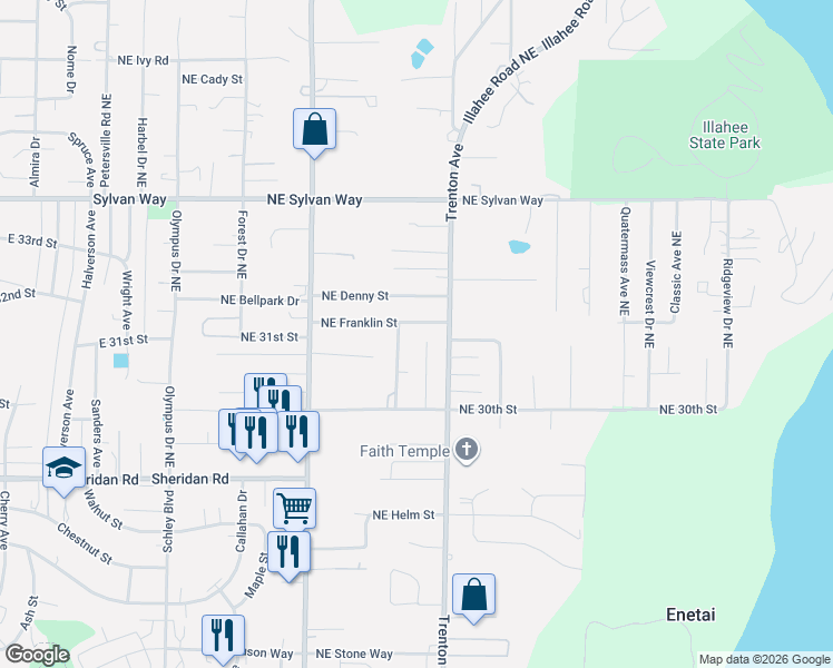map of restaurants, bars, coffee shops, grocery stores, and more near 2517 Northeast Franklin Street in Bremerton