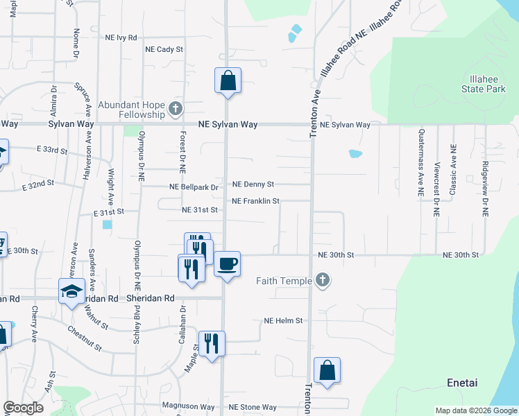 map of restaurants, bars, coffee shops, grocery stores, and more near 2318 Northeast Wyoming Street in Bremerton