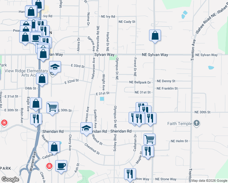 map of restaurants, bars, coffee shops, grocery stores, and more near 1826 East 31st Street in Bremerton