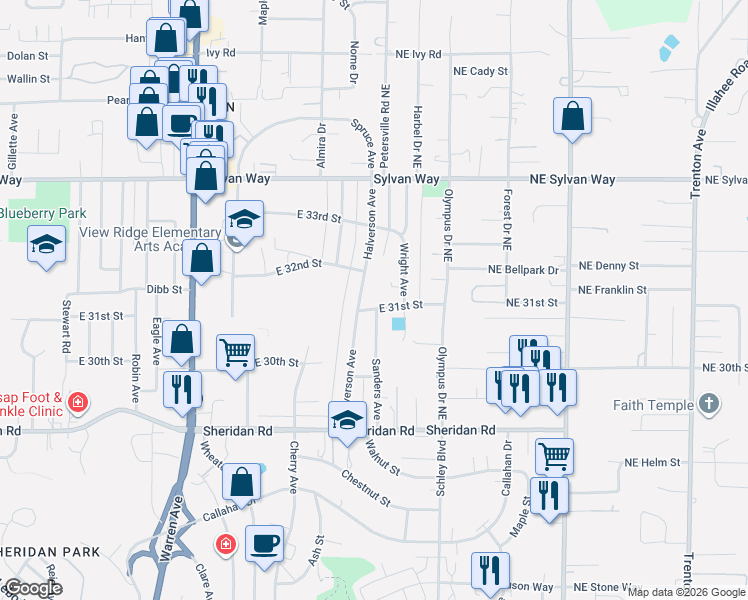 map of restaurants, bars, coffee shops, grocery stores, and more near 3202 Halverson Avenue in Bremerton