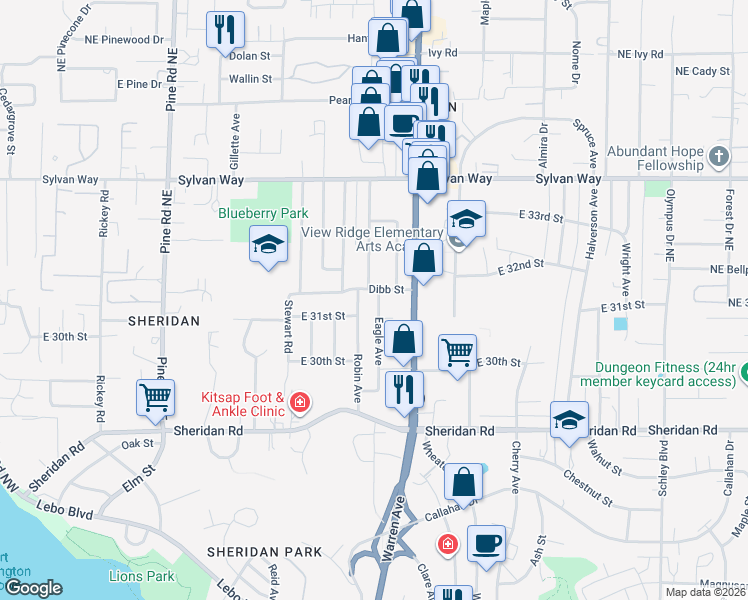 map of restaurants, bars, coffee shops, grocery stores, and more near 1105 Dibb Street in Bremerton