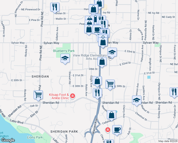 map of restaurants, bars, coffee shops, grocery stores, and more near 1105 Dibb Street in Bremerton