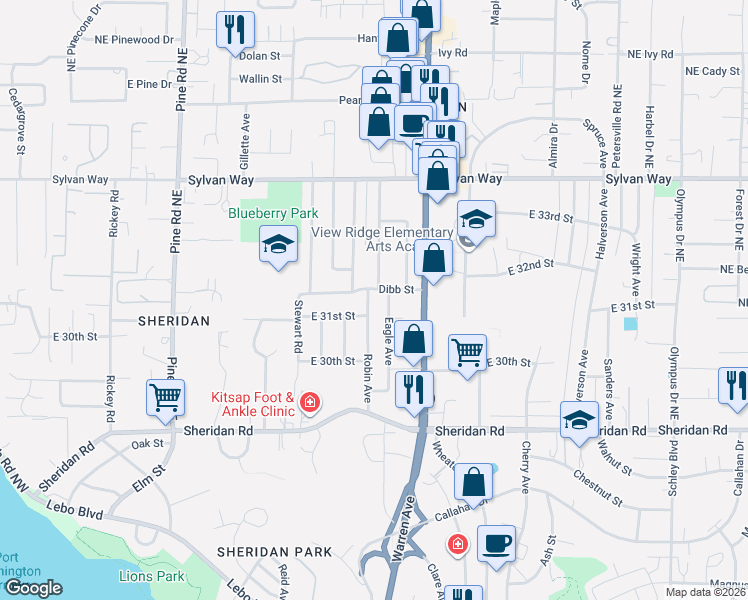 map of restaurants, bars, coffee shops, grocery stores, and more near 1105 Dibb Street in Bremerton