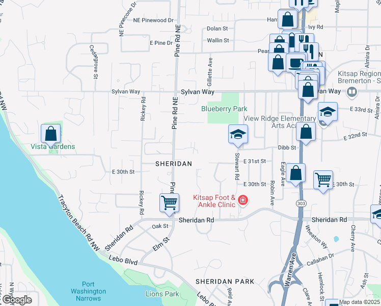 map of restaurants, bars, coffee shops, grocery stores, and more near 654 East 31st Street in Bremerton