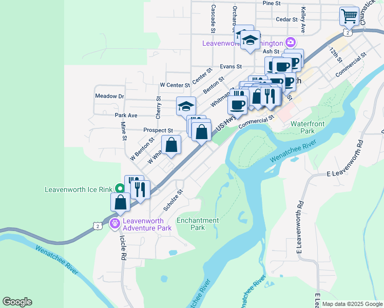 map of restaurants, bars, coffee shops, grocery stores, and more near 190 U.S. 2 in Leavenworth