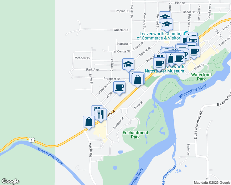 map of restaurants, bars, coffee shops, grocery stores, and more near 155 West Whitman Street in Leavenworth