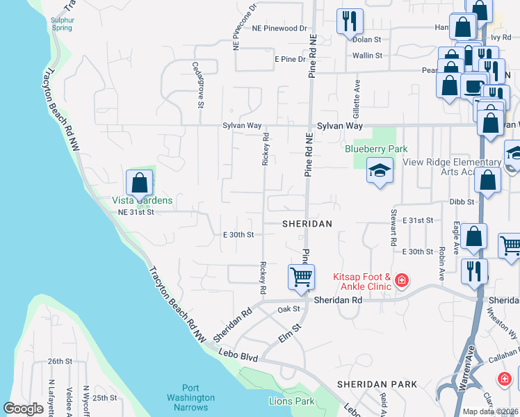 map of restaurants, bars, coffee shops, grocery stores, and more near 3211 Rickey Road in Bremerton