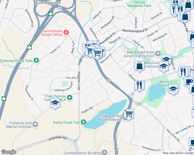 map of restaurants, bars, coffee shops, grocery stores, and more near 20 Limerick Place in St. John's