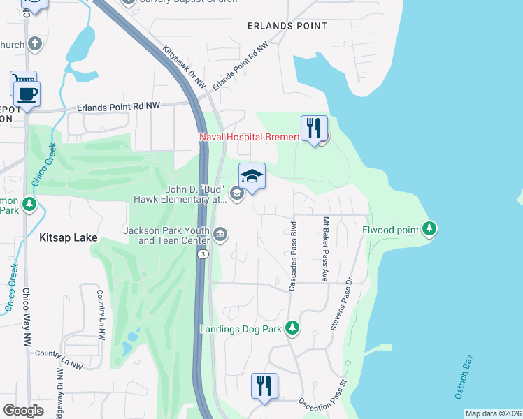 map of restaurants, bars, coffee shops, grocery stores, and more near 2900 Austin Drive in Bremerton