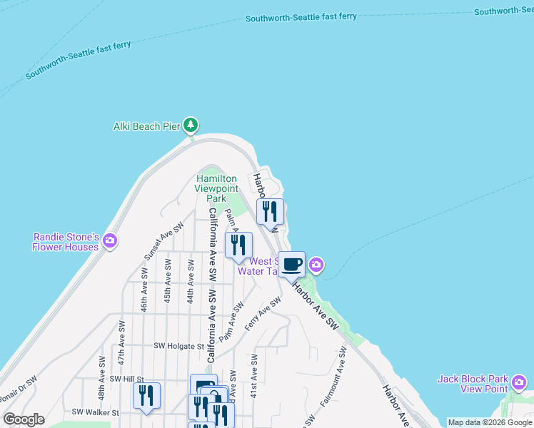 map of restaurants, bars, coffee shops, grocery stores, and more near 1315 Harbor Avenue Southwest in Seattle