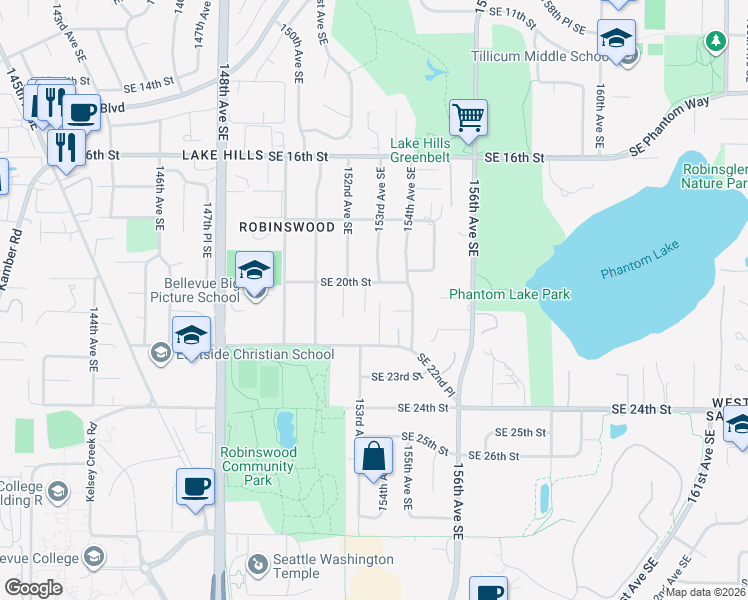 map of restaurants, bars, coffee shops, grocery stores, and more near 2021 153rd Avenue Southeast in Bellevue