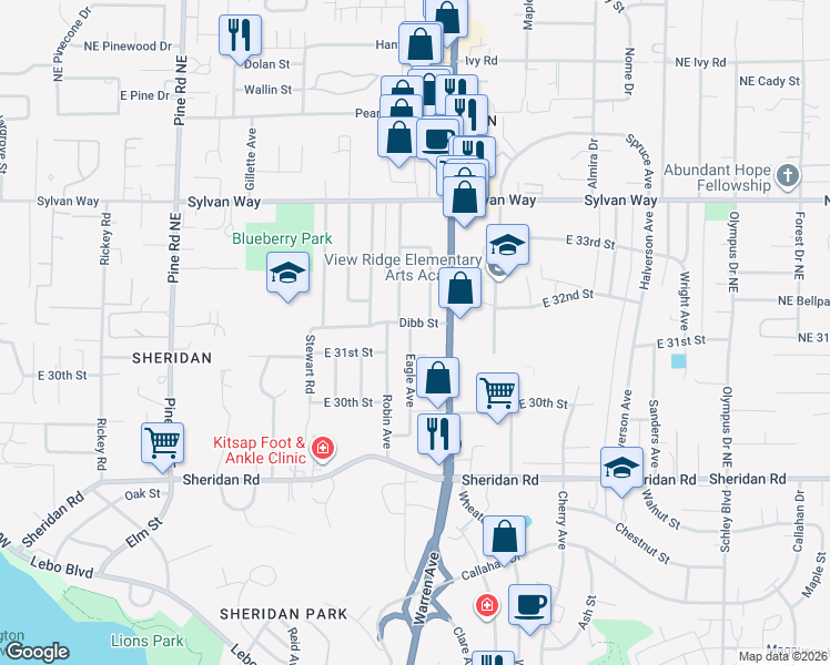 map of restaurants, bars, coffee shops, grocery stores, and more near 1105 Dibb Street in Bremerton