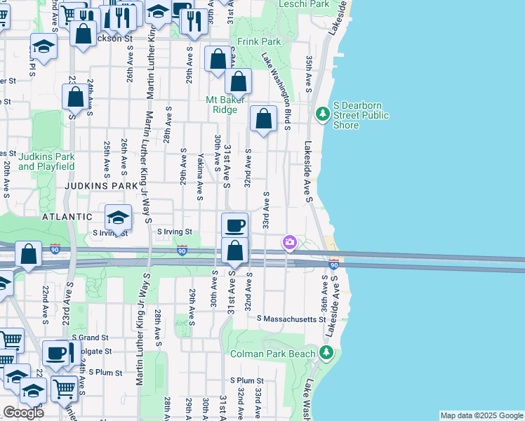 map of restaurants, bars, coffee shops, grocery stores, and more near 1303 33rd Avenue South in Seattle