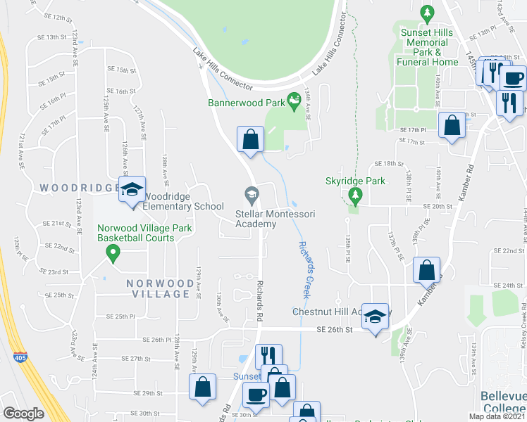 map of restaurants, bars, coffee shops, grocery stores, and more near in Bellevue